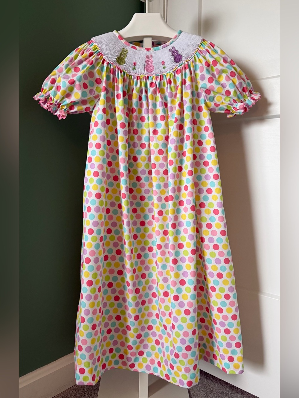Southern Tots Smocked Pastel Polka Dot Bunny Bishop Dress